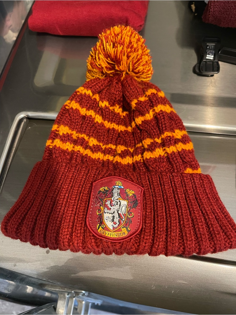 Kids Gryffindor Pom Beanie Hat - Maroon with Yellow Stripes